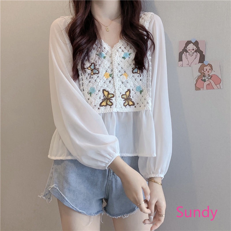 Áo Sơ Mi Chiffon Dệt Kim Dáng Rộng Thêu Hoạ Tiết Đơn Giản Thời Trang Mùa Thu Dành Cho Nữ