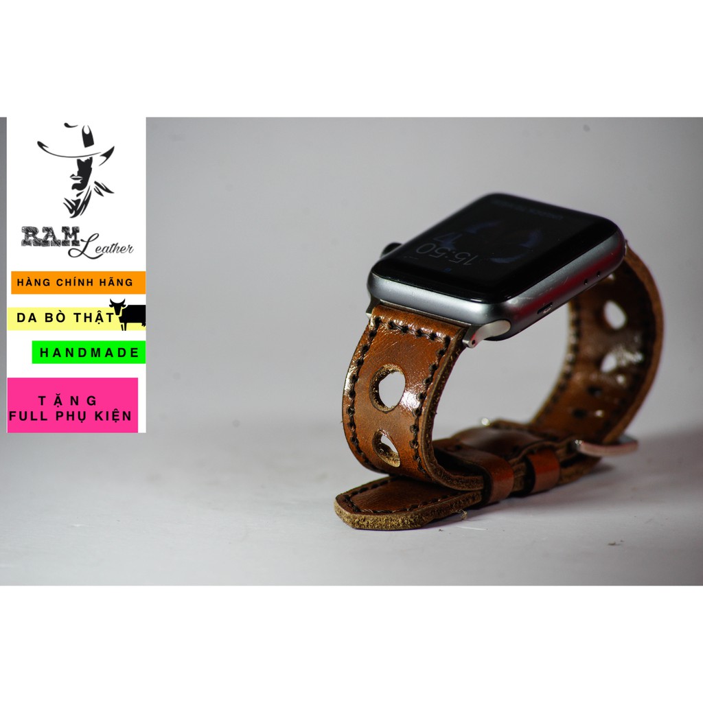 Dây đồng hồ da bò cao cấp nâu đỏ kiểu thoáng khí RAM Leather d3 cực đẹp - tặng khóa chốt và cây thay dây