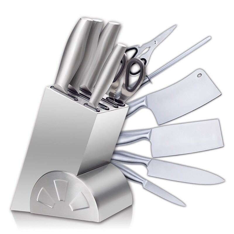 Bộ dao inox 7 món gồm 4 dao các loại, 1 dụng cụ liếc dao, 1 kéo đa năng và 1 đế vắt tiện dụng