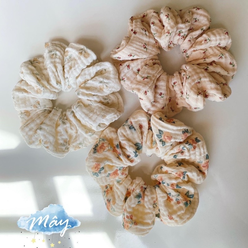 Dây cột tóc Scrunchies vải muslin hoạ tiết