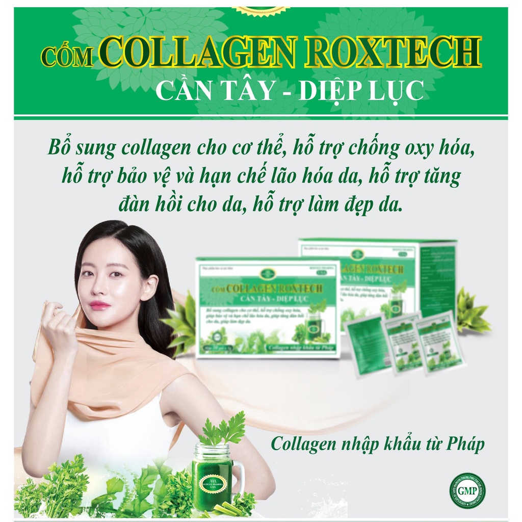 Cốm Collagen Cần Tây Diệp Lục đẹp da, giảm nám sạm da - 30 gói [Cốm Collagen Roxtech Cần Tây Diệp Lục Gói xanh]