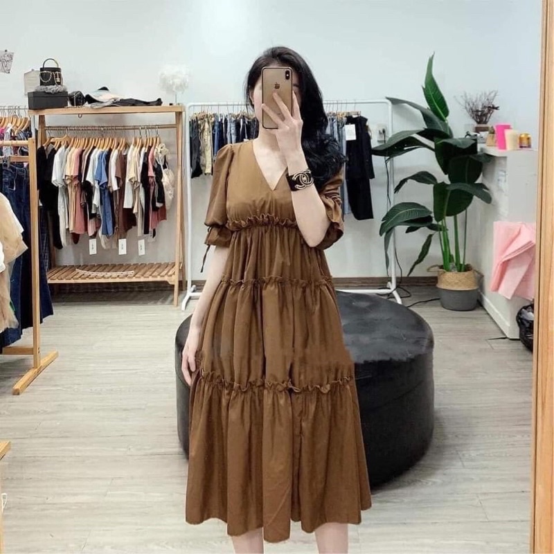 Váy bầu,đầm bầu bigsize màu nâu,cổ chữ V lạ mắt