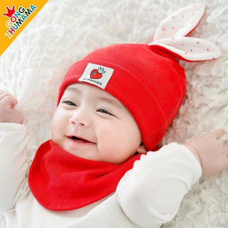 Set khăn mũ cotton cực xinh cho bé