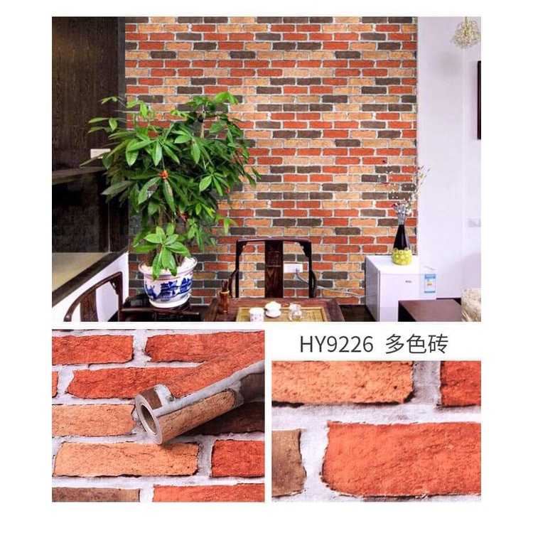 Giấy dán tường giả gạch hay còn gọi là decal dán tường giả gạch theo cuộn. Khổ 0.45x10m/cuộn, có keo mặt sau