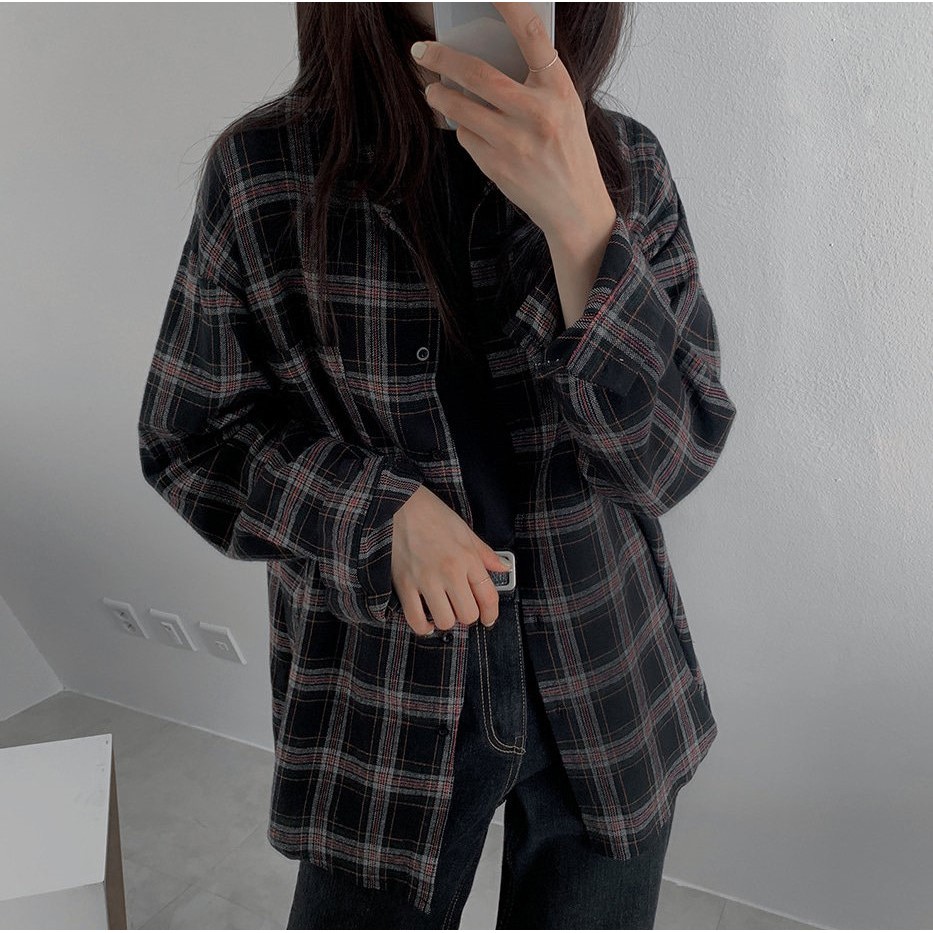 Áo sơ mi họa tiết sọc caro kiểu cổ bé dễ thương cho nữ