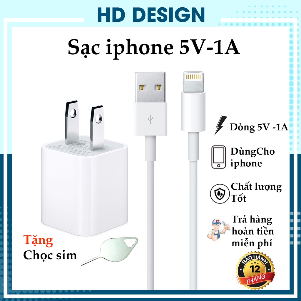 Sạc Iphone Dòng 5V-1A , Bộ Củ Cáp Sạc Chân Lighting Sạc Chuẩn Không Đơ lác - Không Nóng Máy - Không Cháy Nổ