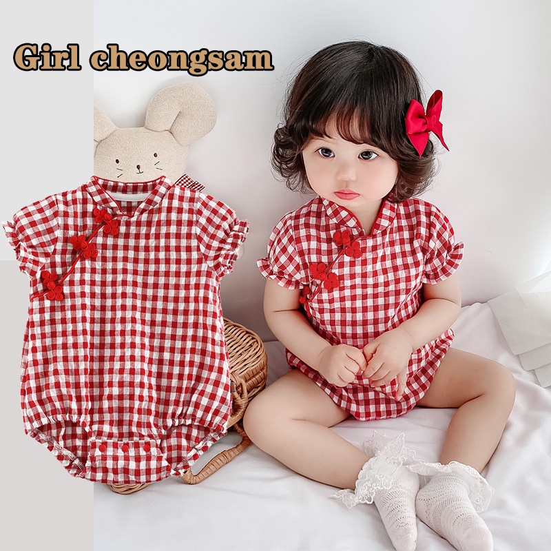 Áo liền quần Ttkaababy tay ngắn phong cách sườn xám Trung Hoa thời trang cho bé gái sơ sinh