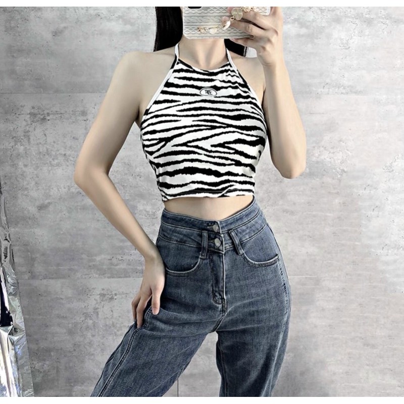 [Mã WASTUP24 giảm 10K đơn 50K] ÁO YẾM CỘT DÂY HOẠ TIẾT NGỰA VẰN IN CHỮ CROPTOP CÓ MÚT