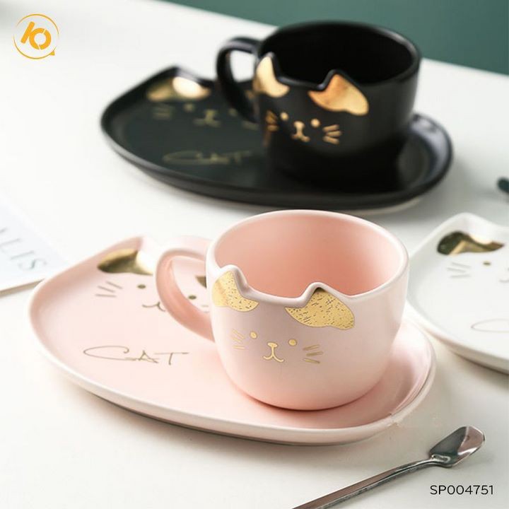 Bộ cốc sứ trà, cafe hình mèo sáng tạo kèm muỗng và đĩa - SP004751