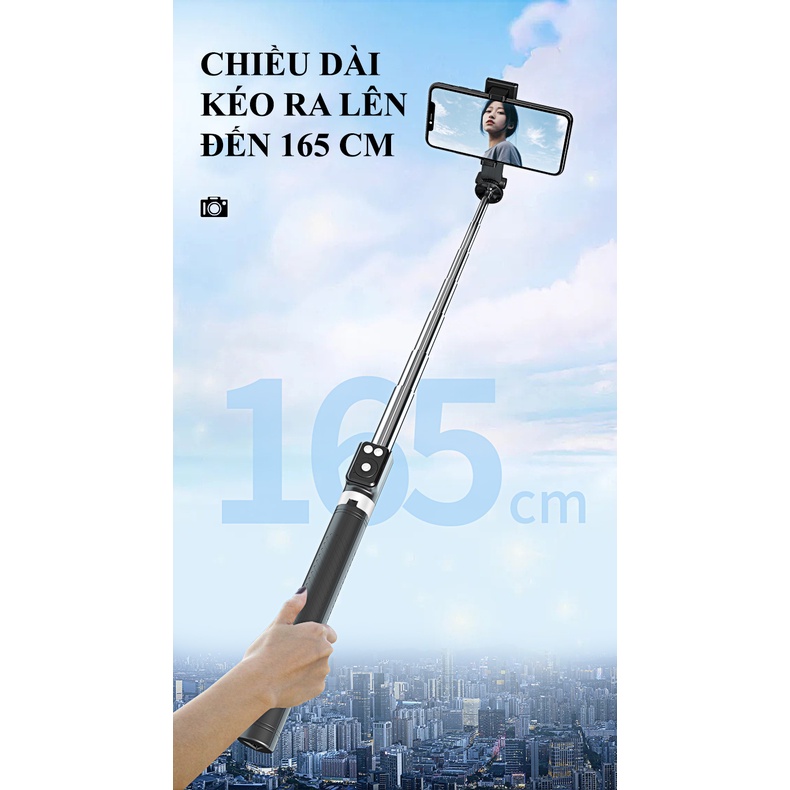 Gậy chụp hình selfie tích hợp tripod 3 chân BT11 cao đến 165cm có đèn led hỗ trợ ánh sáng và remote kết nối Bluetooth