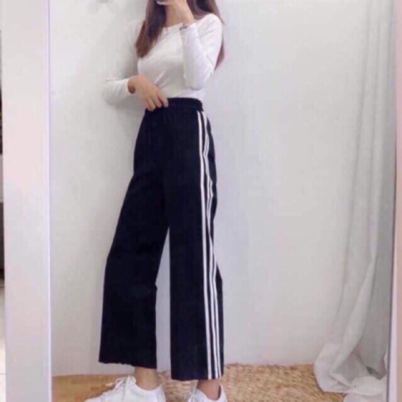 Quần dài thể thao 3 sọc ống rộng nữ Culottes suông 3 sọc ulzzang unisex  hot cạp cao 1 màu đen