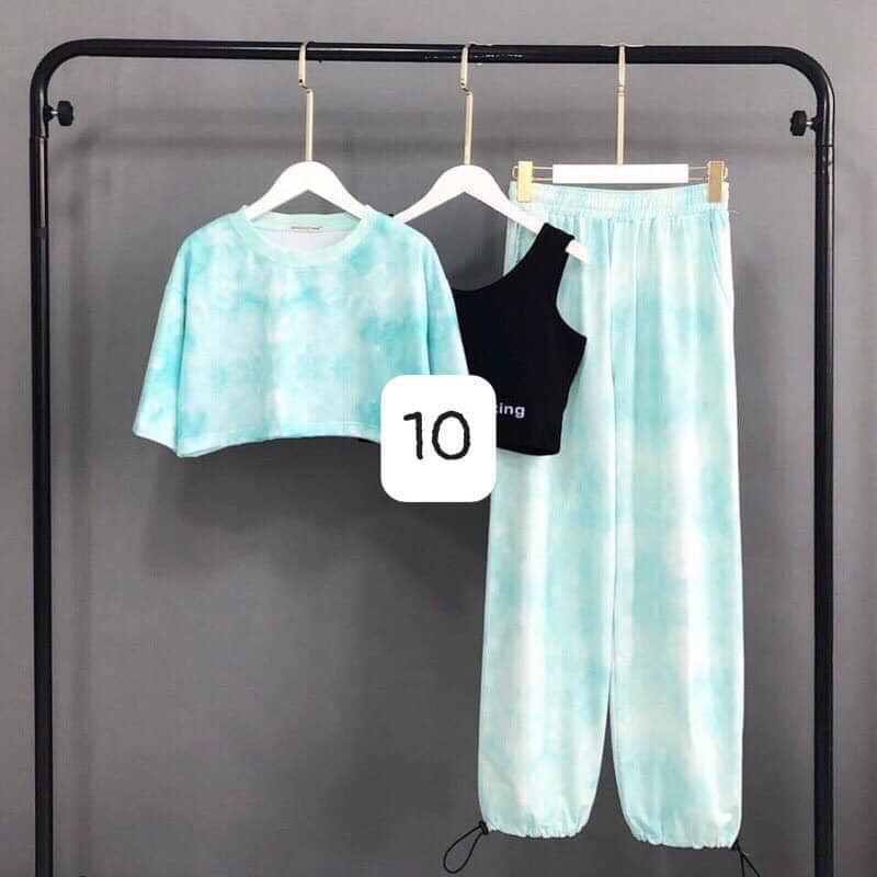 Set bộ áo croptop loang màu kèm áo bra 1974 đen và quần jogger dài loang màu ống rộng dây rút siêu đẹp