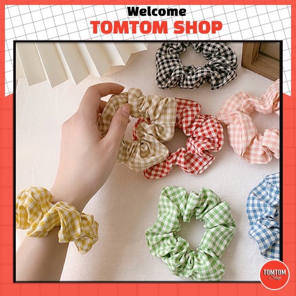 Cột Tóc Vải Scrunchies Họa Karo Dễ Thương, Dây Buộc Tóc Scrunchies