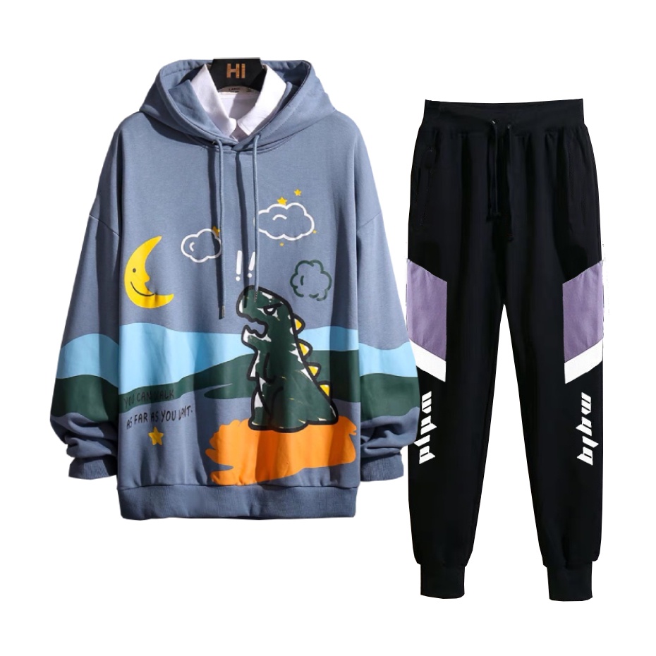 Set Bộ 2 Món Quần Dài + Áo Hoodie Nón Nam Nữ Unisex Chất Vải Nỉ CB2_MQU076THDEF6_WAH033NO (Dọc Tím Mula + Khủng Long)