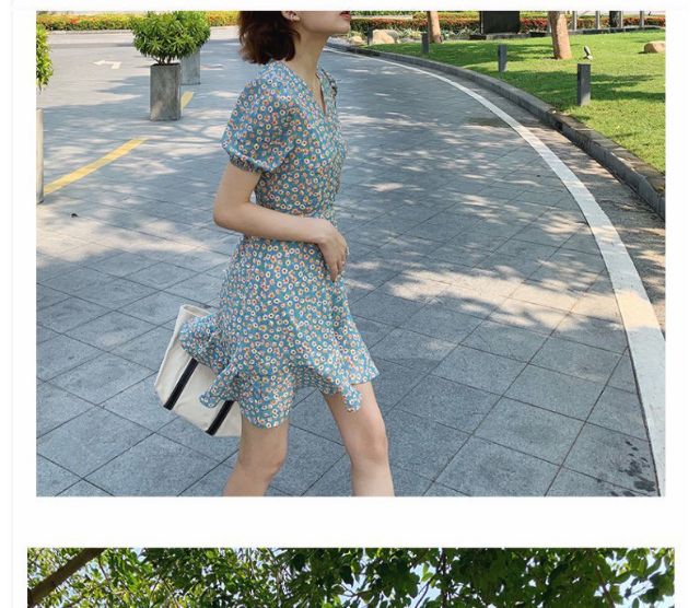 Đầm hoa nhí xanh chéo ngực bèo tà