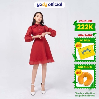 Đầm tơ cổ nơ YODY vải lụa siêu xinh-VDN4098