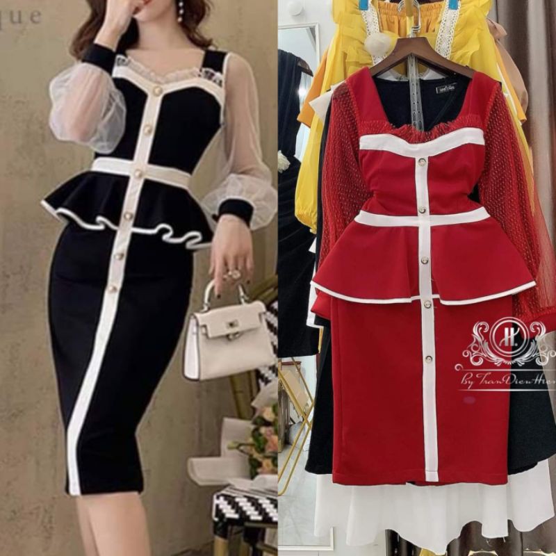 Đầm Body pelum phối viền tay dài lưới chấm bi HÀNG THIẾT KẾ
