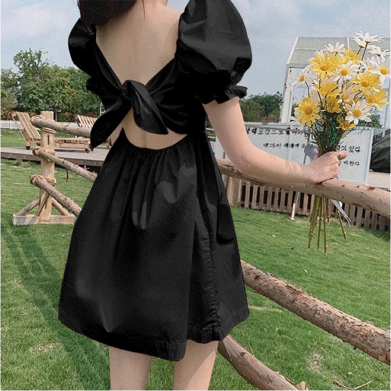 [ Hàng Có Sẵn ]Váy Nữ ,Đầm Nữ Cổ Vuông Tay Phồng Phối Nơ Xinh Xắn Hai Màu Đen Trắng Thời Trang Mùa Hè Dành Cho Nữ ROSE | BigBuy360 - bigbuy360.vn