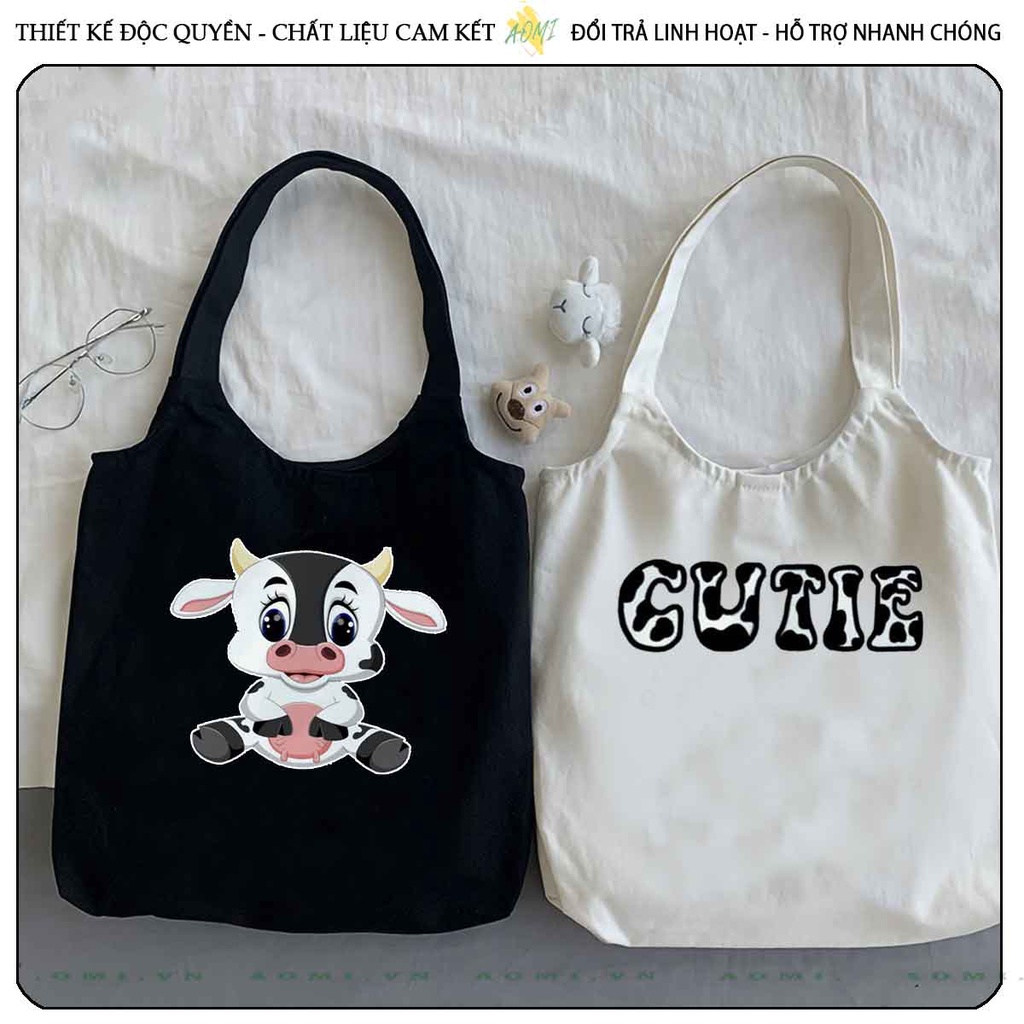 TOTE CANVAS bò sữa milk FORM TRÒN TÚI VẢI ĐEO VAI BAG NÚT BẤM SIZE LỚN AOMIVN DU LỊCH DẠO PHỐ CÁ TÍNH