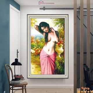 Tranh đính đá DF2302 (48cm x 75cm), tranh thêu chữ thập thiếu nữ A1098 (60cm x 74cm)