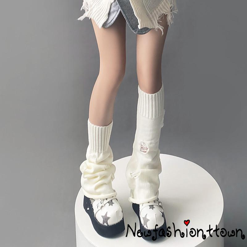 Nfashion Vớ Dệt Kim Ống Rộng Màu Trơn Xẻ Gân Rách Giữ Ấm Chân Phong Cách Nhật Bản Cho Nữ