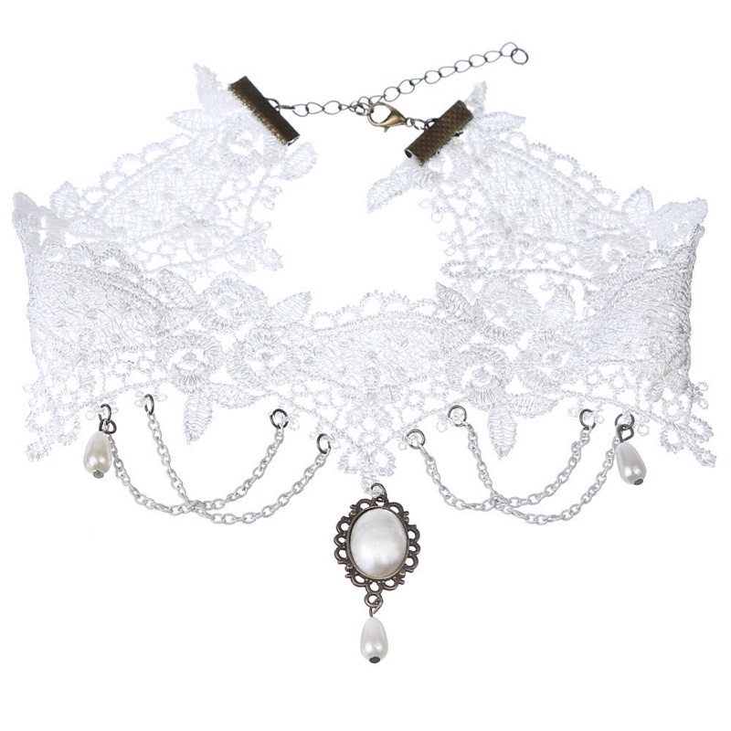 Vòng cổ choker ren hạt châu trắng đẹp lung linh