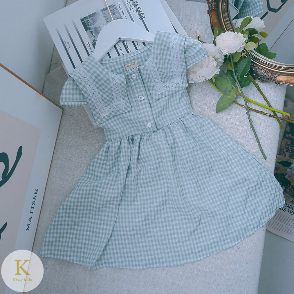 Đầm bé gái KIWY KIDS chất cotton kẻ caro, cổ viền ren độc đáo Kidsh2195 cho bé từ 1 đến 6 tuổi