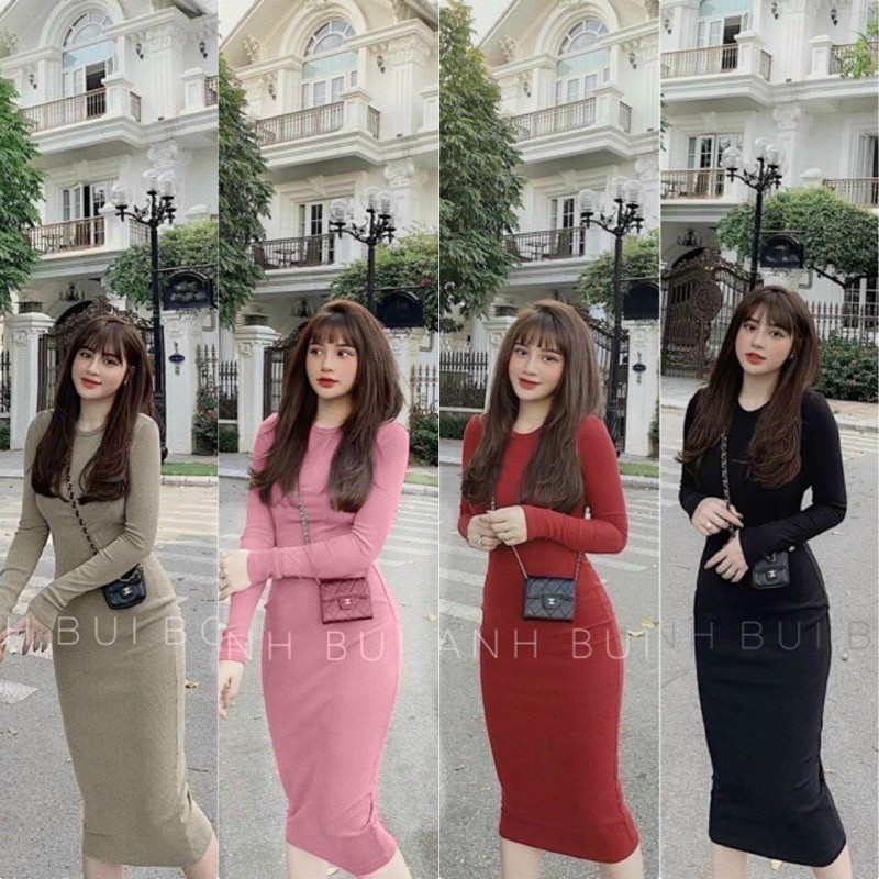 Váy body len tăm cổ tròn
