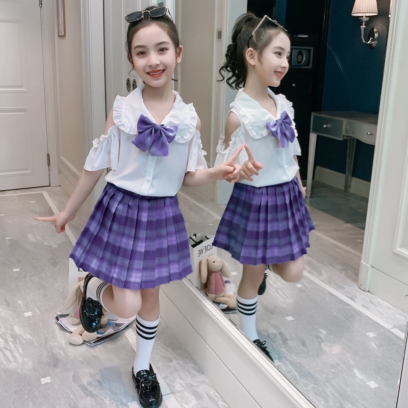 Bộ Đồng Phục Áo Sơ Mi Phối Chân Váy Xếp Ly Phong Cách Phương Tây Dễ Thương Thời Trang Mùa Hè Cho Bé Gái