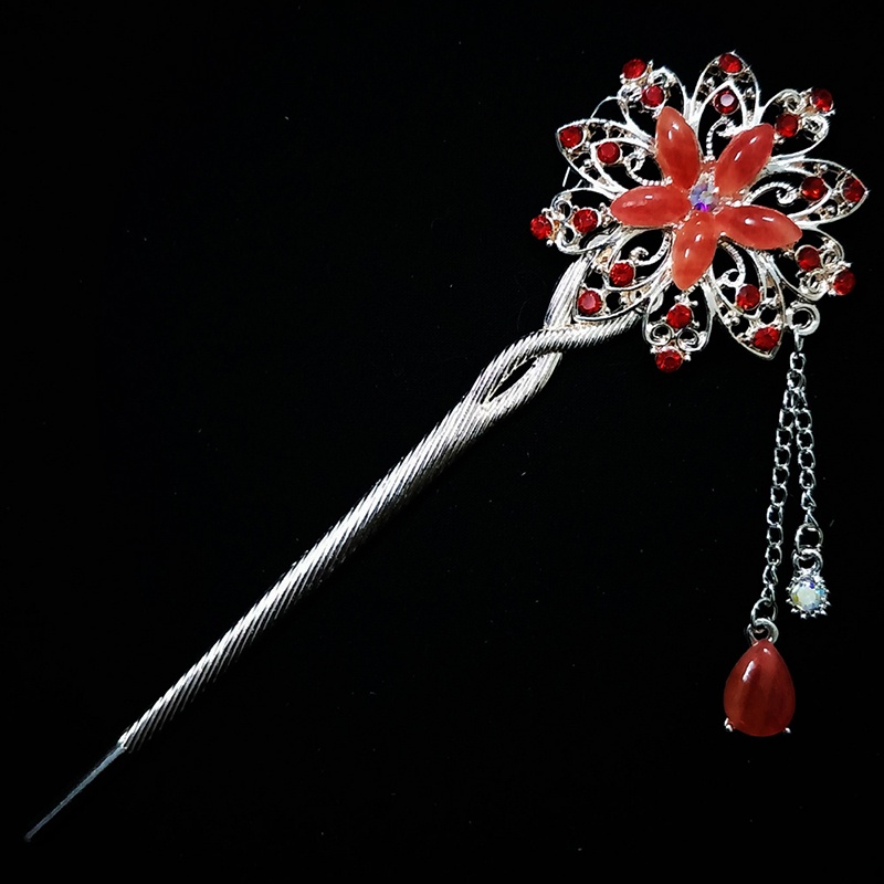 Trâm cài tóc đính đá họa tiết hoa tròn tua rua vintage