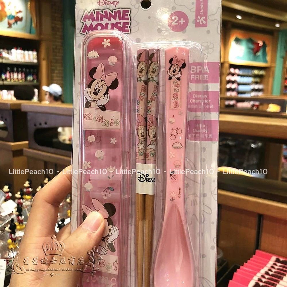 Set đũa muỗng Disney gỗ nhựa kèm hộp trong suốt Frozen Car Mickey Minnie cho trẻ em bé trai gái