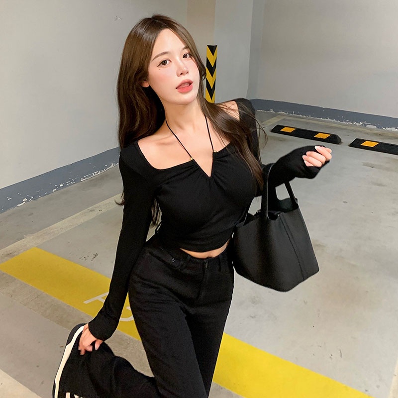 QKOOLE  Áo tay dài  màu trơn hai dây chéo cổ ôm dáng gợi cảm phong cách Hàn Quốc dành cho nữ