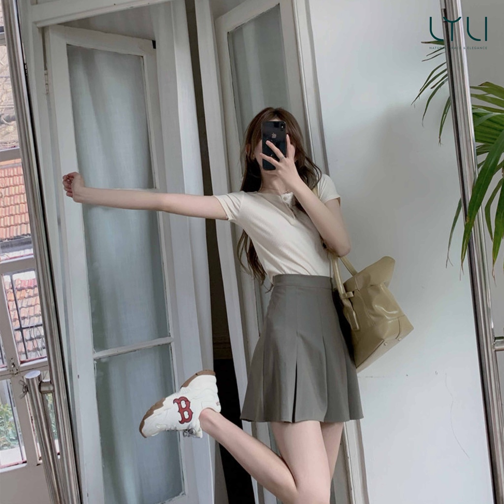 Set đồ 2 món Áo thun croptop ngắn tay ôm sát - Chân Váy tennis chất Kaki xếp ly Lylibeauty chất áo cotton co giãn TL30