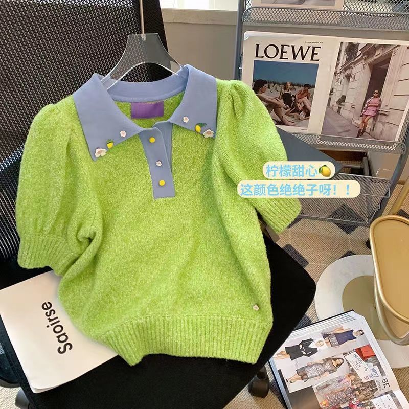 Áo Sweater Cổ Polo Tay Phồng Mềm Mại Họa Tiết Hoa Ba Chiều Phong Cách Phương Tây