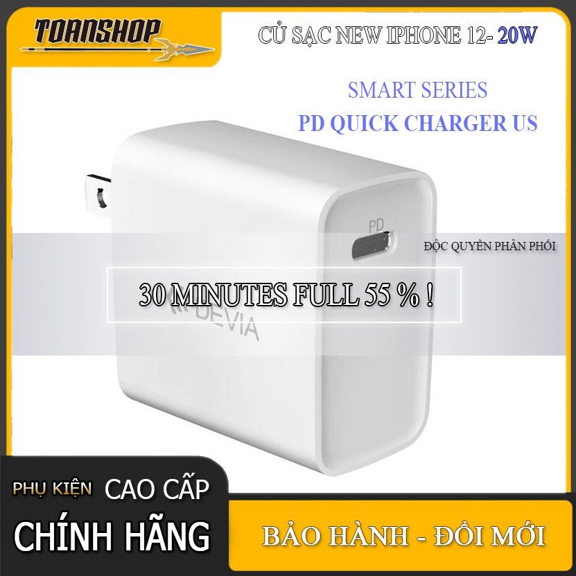 Củ sạc iPhone 12 Chính hãng Devia 3A 20w- Củ sạc thông minh-sạc nhanh PD-30 phút Full 55%