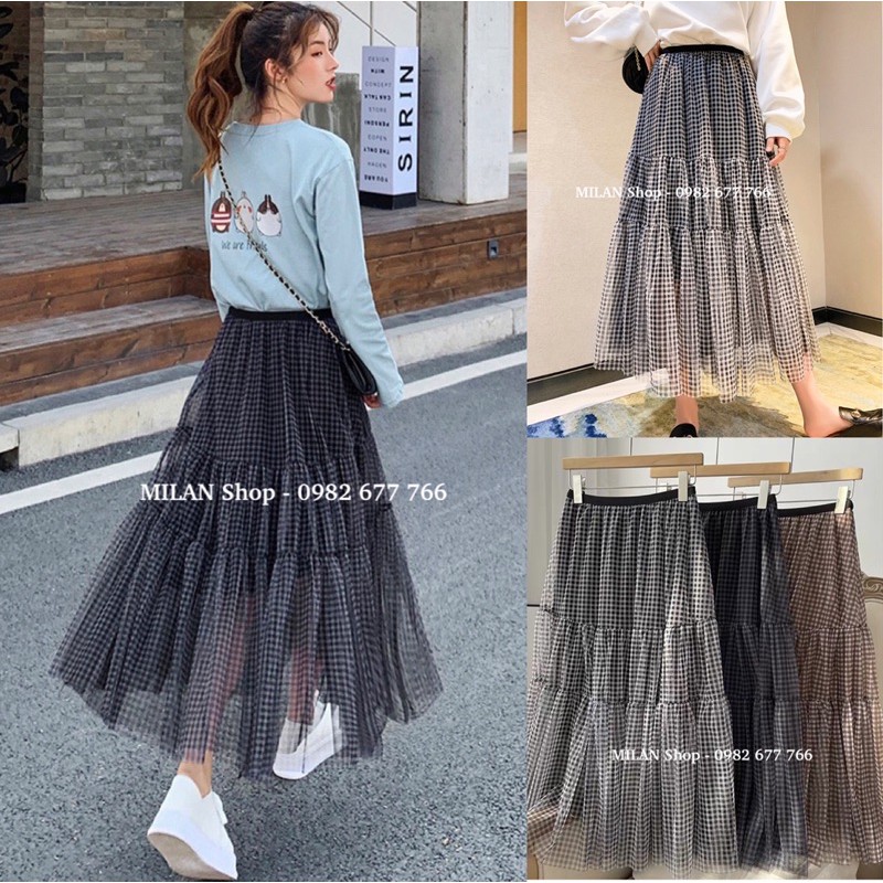 Chân váy midi kẻ caro bồng bềnh xinh yêu