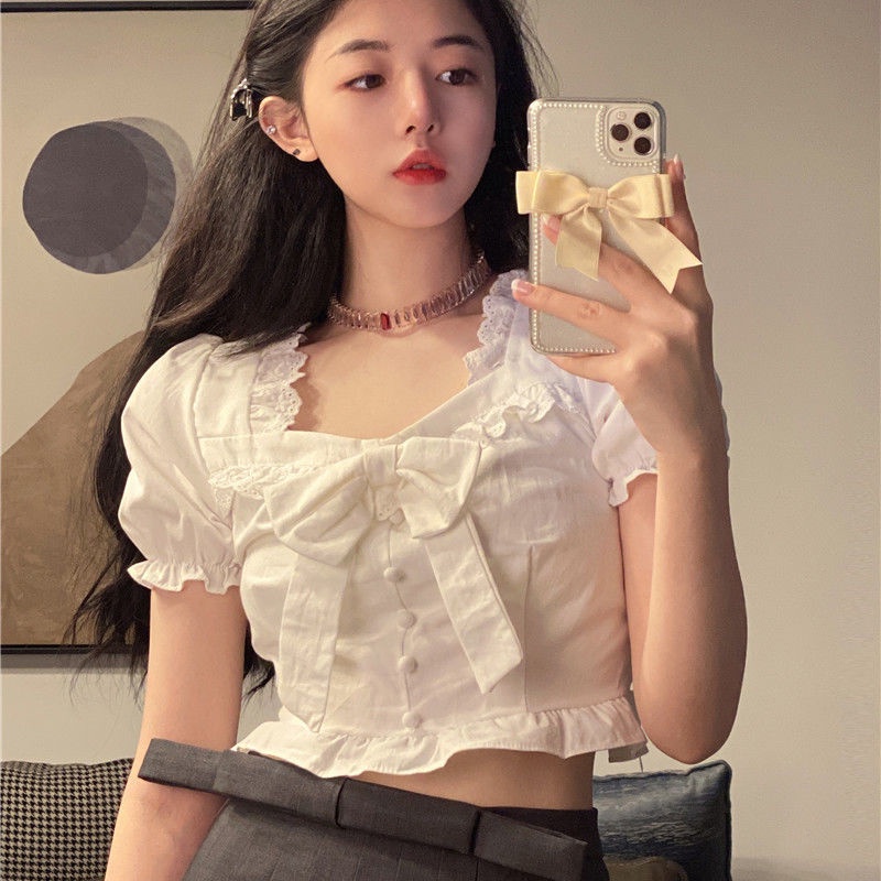 IELGY Áo Sơ Mi Trắng Tay Ngắn Phồng Cổ Vuông Phong Cách Pháp Thời Trang Mùa Hè Cho Nữ