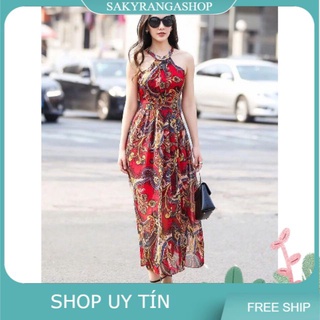 Đầm maxi yếm họa tiết nền đỏ
