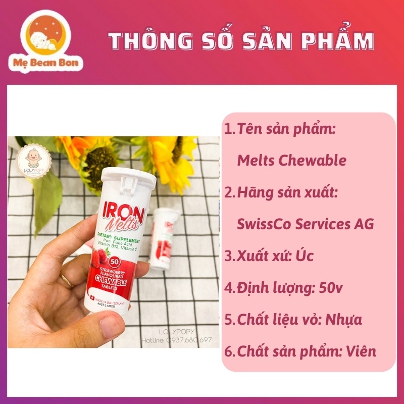 Sắt ngậm Iron Vị Dâu Melts Chewable, Úc 50 viên Bổ Sung Cho Trẻ Từ 4 Tuổi Trở Lên, Bà Bầu Sau Sinh