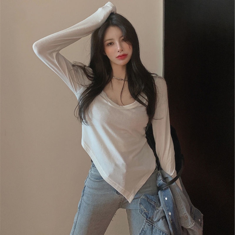 Áo thun COZOK cổ chữ U xẻ tà phong cách Hàn Quốc quyến rũ