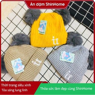 Mũ len trẻ em 2 quả bông chữ U 2 lớp dày dặn cho bé 6 - 18 tháng