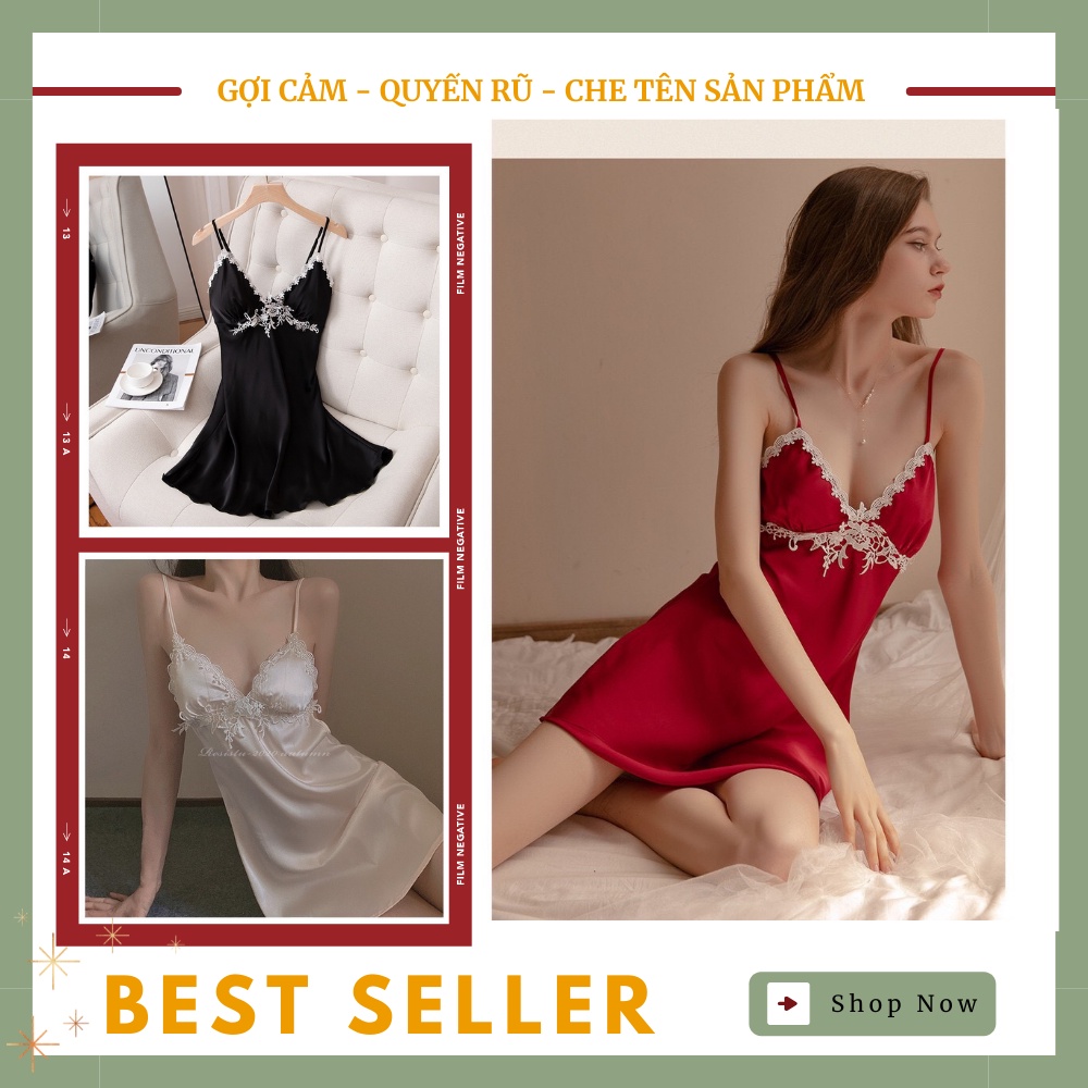 Đồ Ngủ Sexy, Váy ngủ lụa 2 dây có mút ngực cao cấp Đầm mặc nhà gợi cảm quyến rũ --CharmingQueen