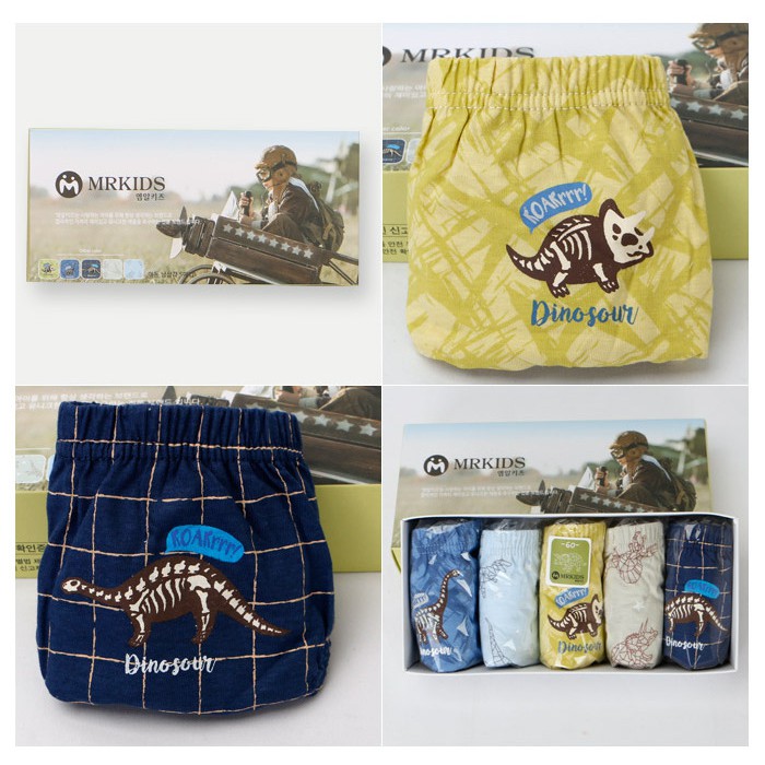 Hộp 5 quần lót bé trai Hàn Quốc 100% cotton mẫu Máy Bay-Khủng Long