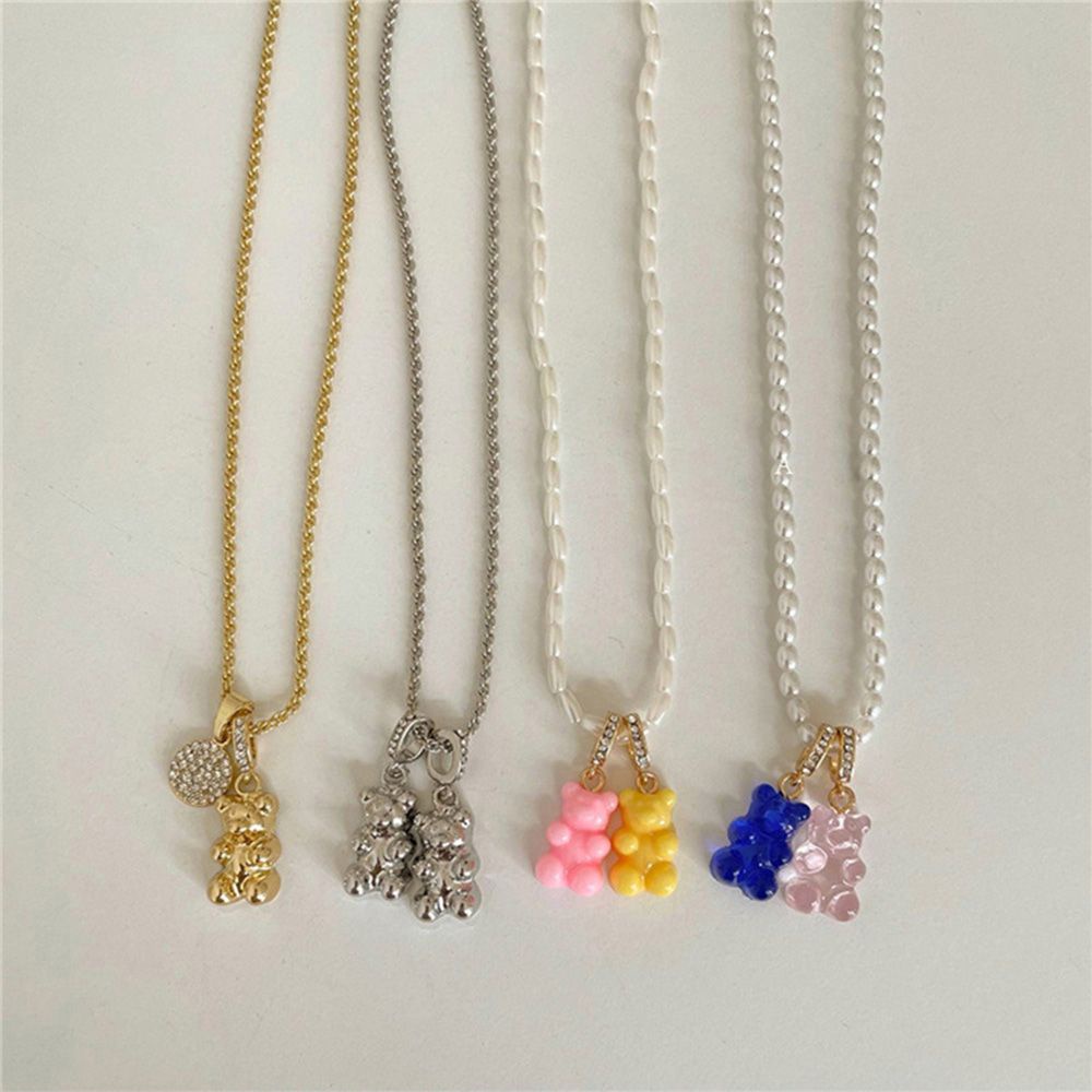 Vòng cổ mặt hình gấu đính đá zircon ngọc trai nhiều màu dễ thương cho nữ