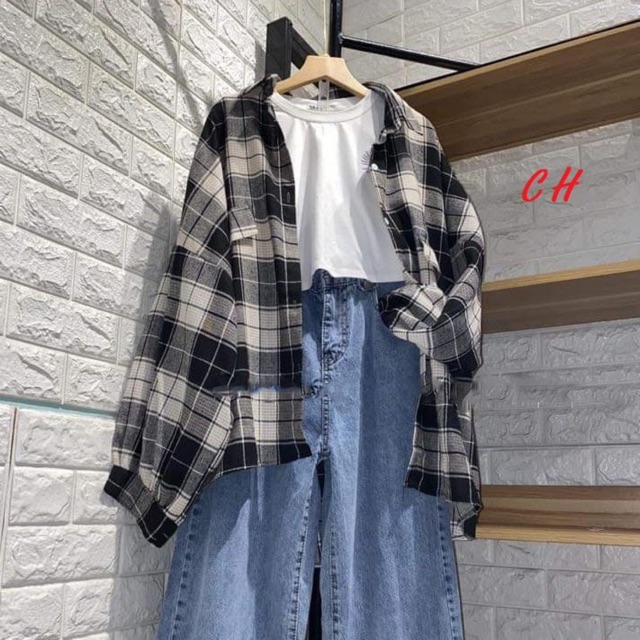 Sét 2 món sơ mi kẻ + crt hoa cúc COU768