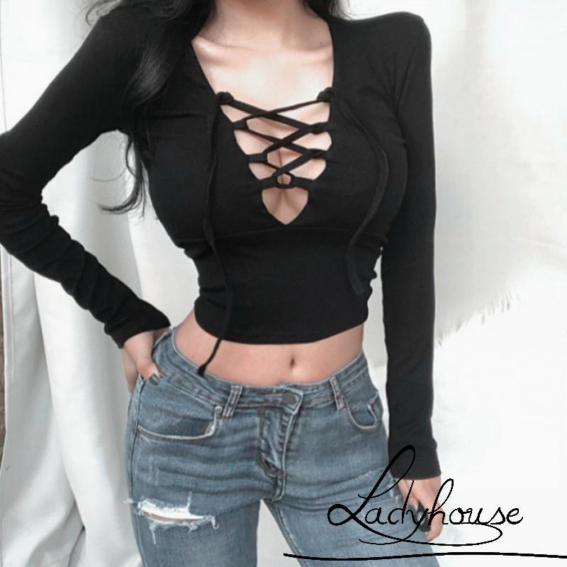 Áo Thun Crop Top Tay Dài Dáng Ôm Màu Trơn Thiết Kế Khoét Lỗ Đơn Giản Thời Trang Cho Nữ