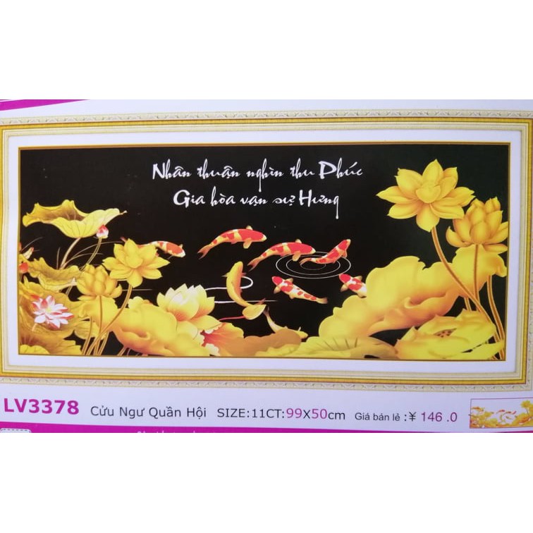 Tranh thêu chữ thập cá chép hoa sen Gia hòa vạn sự hưng LV3378