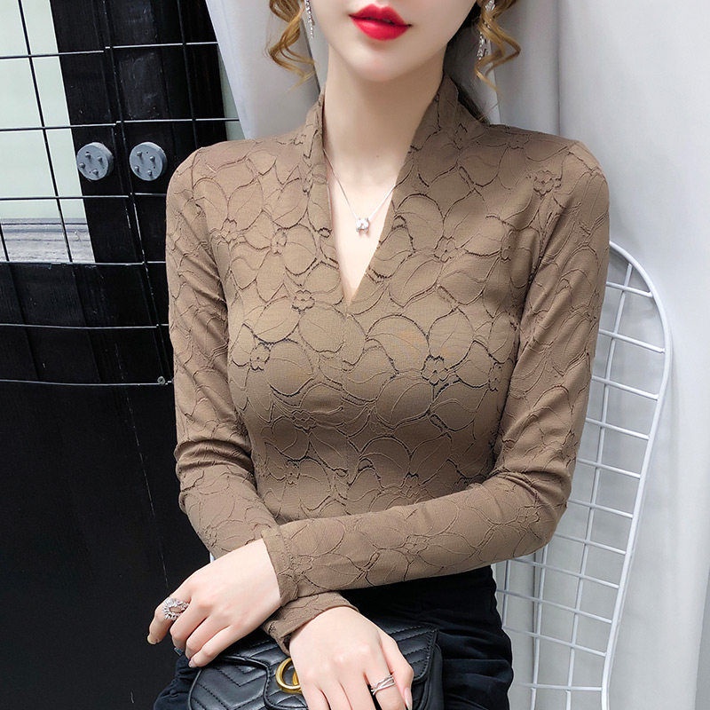 Áo Nữ Tay Dài Cổ Chữ v Phối Ren Thời Trang Quyến Rũ