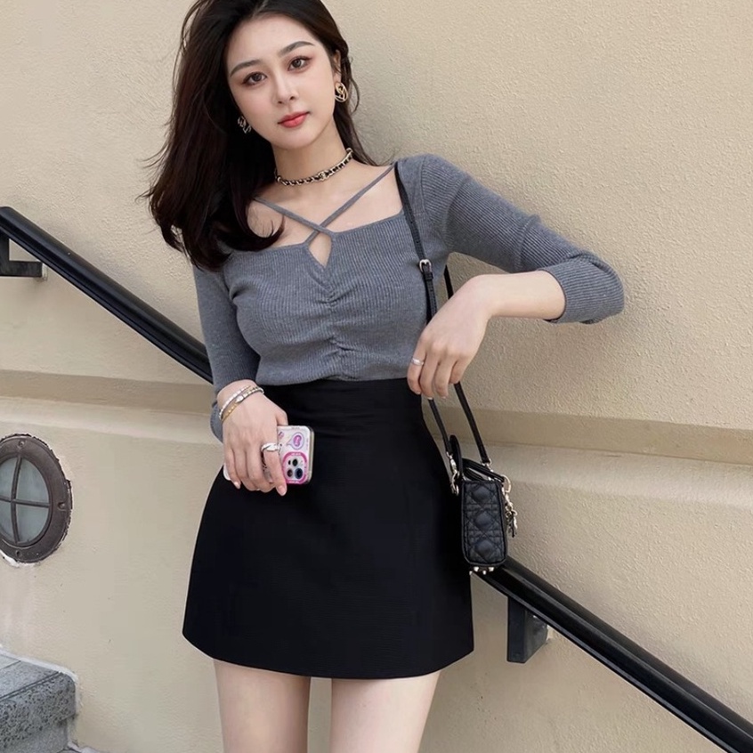 Chân váy chữ A ngắn có quần lót trong dáng dài cạp liền lưng cao vải tuyết mưa hàn Chân váy công sở ôm nhẹ đẹp đi biển