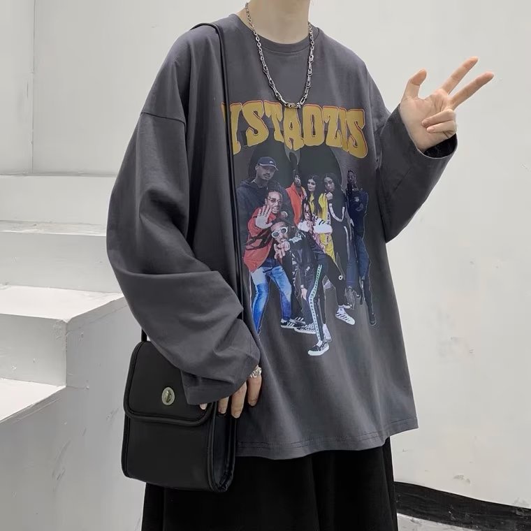 Áo Thun Tay Dài Cổ Thuyền Dáng Rộng In Chữ Hoạt Hình Phong Cách Hàn Quốc Thời Trang Cho Nam Và Nữ Size M-5XL